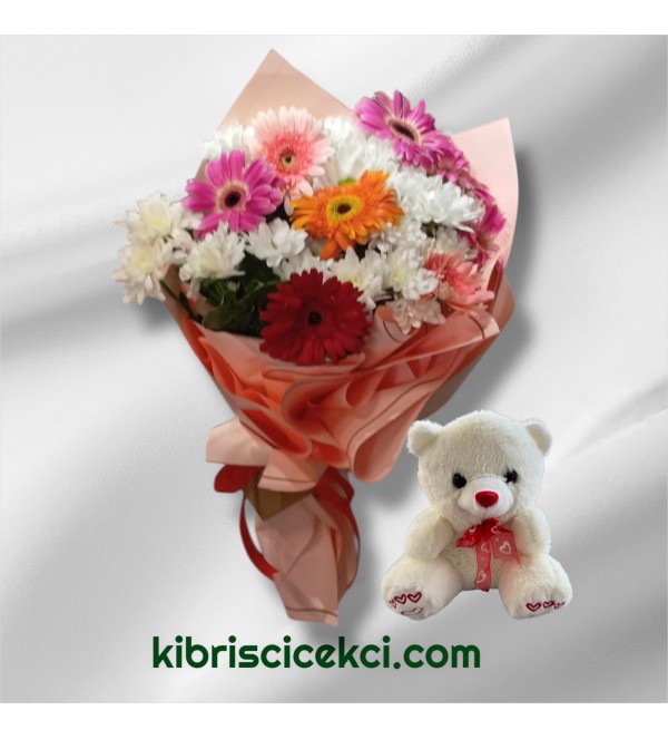 Krizantem Gerbera Buketi Ayıcık 
